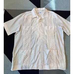 VTG Guayabera Resort Shirt Adult 44 / XL Ivory Pleated Front Pockets Aires Mayab